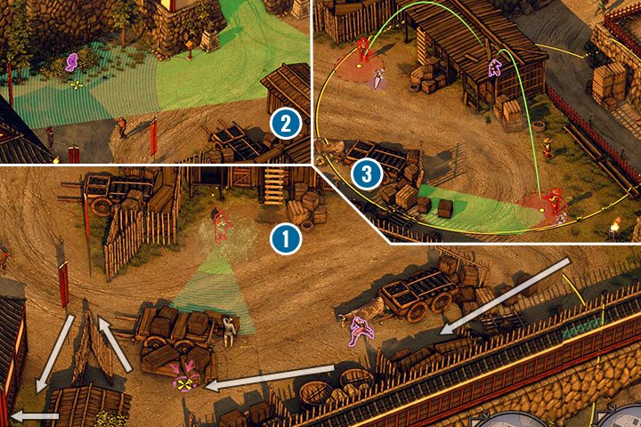 Najpierw pokieruj Yuki i Aiko na pobliską więżę - Misja 13 - Zamek Sunpu - Shadow Tactics: Blades of the Shogun - poradnik do gry