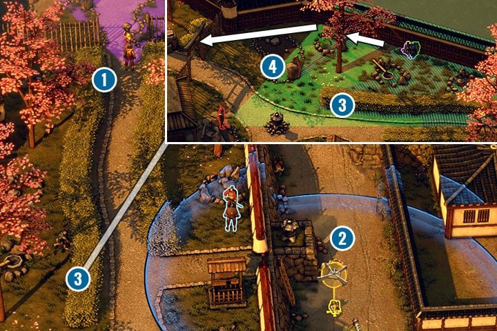 Idąc dalej, Aiko w przebraniu zlikwiduje Słomiany Kapelusz, gdy nikt nie będzie na niego patrzył - Misja 13 - Zamek Sunpu - Shadow Tactics: Blades of the Shogun - poradnik do gry