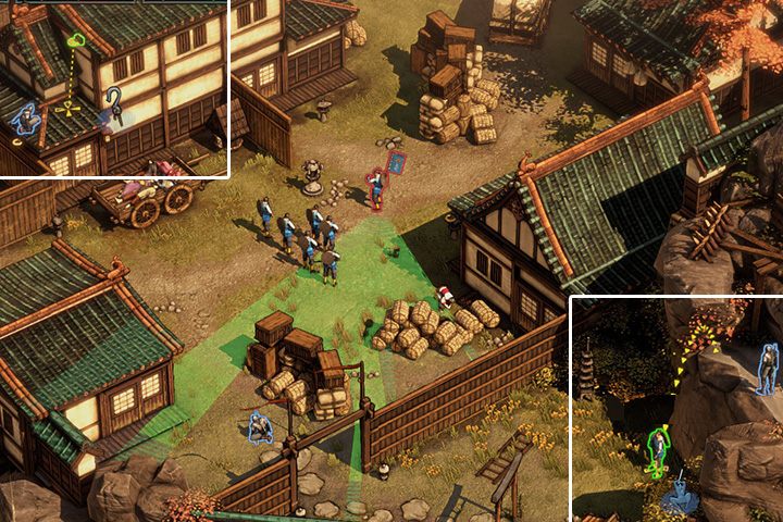 Kiedy dotrzesz na górę, poczekaj aż przeciwnik podejdzie pod twoją półkę i zaatakuj go z góry - Misja 1 - Zamek Osaka - Shadow Tactics: Blades of the Shogun - poradnik do gry