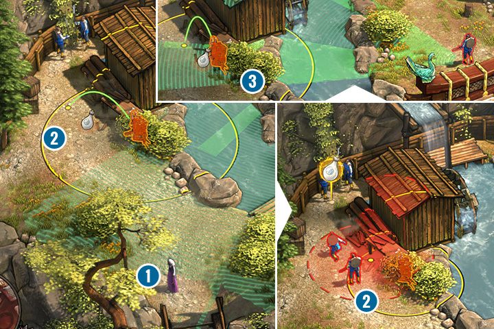 Ten teren strzegą samuraje, którzy wykryją Aiko w przebraniu - Misja 4 - Góra Tsuru - Shadow Tactics: Blades of the Shogun - poradnik do gry