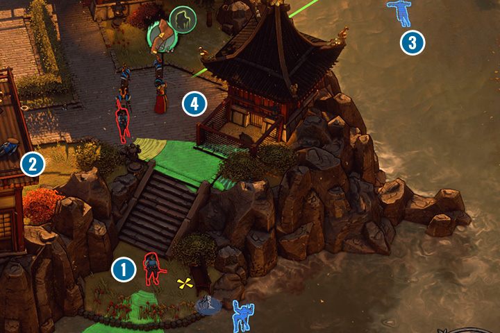 Teraz ustaw się Takumą na wieży, a Hayatem dopłyń do zejścia przy zagrodzie psa - Misja 5 - Posiadłość Lorda Yabu - Shadow Tactics: Blades of the Shogun - poradnik do gry