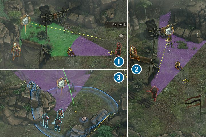 Najpierw wykorzystaj moment kiedy strażnicy odwrócą wzrok i przebiegnij Hayato i Mugenem za namiot - Misja 9 - Obóz Kage-samy - Shadow Tactics: Blades of the Shogun - poradnik do gry