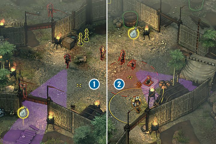 Przełącz się na Takumę i użyj snajperki aby ściągnąć dwóch wartowników na wieżach - Misja 9 - Obóz Kage-samy - Shadow Tactics: Blades of the Shogun - poradnik do gry