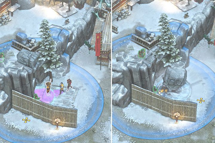 W miejscu gdzie były pistolety, jest też ogromny głaz do zrzucenia - Misja 10 - Góra Tsuru (więzienie) - Shadow Tactics: Blades of the Shogun - poradnik do gry