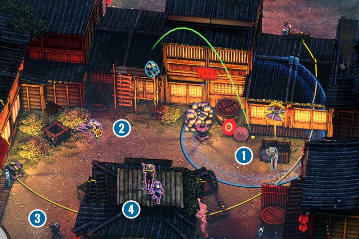 Na początek musisz pozbyć się przeciwnika i cywilów w prawej alejce, aby wejść na dach budynku po pnączach - Misja 11 - Miasto Matsuyama - Shadow Tactics: Blades of the Shogun - poradnik do gry