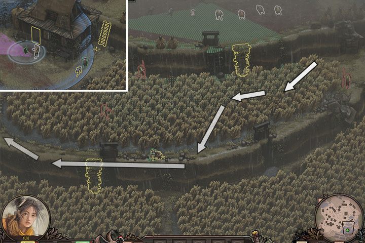 Możesz przekraść się między strażnikami, jeśli będziesz zachowywał dystans. - Misja 7 - Wioska Suganuma - Shadow Tactics: Blades of the Shogun - poradnik do gry