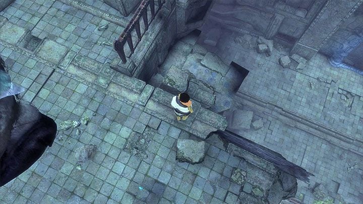 Zejdź na niższy poziom sali i pozwól Trico uporać się z ożywionymi zbrojami - Rozwiązanie zagadki z błękitnymi oparami i dalsza eksploracja ruin - The Last Guardian - poradnik do gry