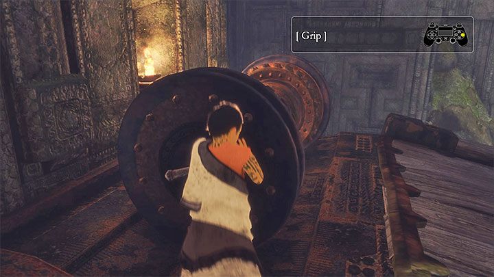 W nowej sali zainteresuj się pokazanym na obrazku 1 ciężarkiem - Rozwiązanie zagadki z dzbanem z niebieską cieczą | The Last Guardian - The Last Guardian - poradnik do gry