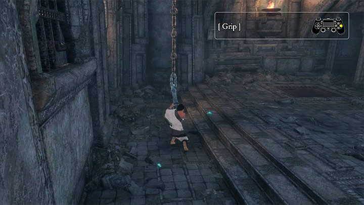 Pobiegnij najpierw z łańcuchem w stronę ściany - Rozwiązanie zagadki z łańcuchem w sali z ożywionymi zbrojami | The Last Guardian - The Last Guardian - poradnik do gry