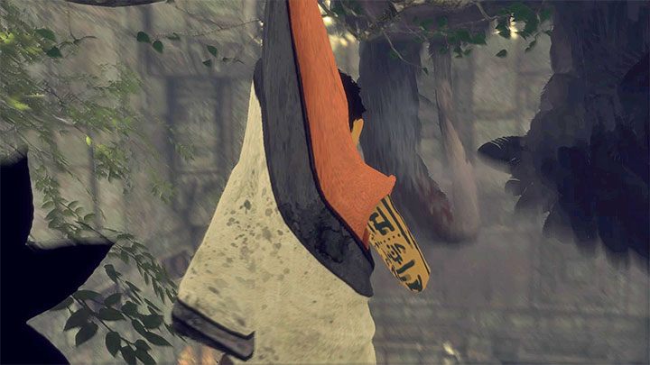 Trico po wykonaniu skoku musi znaleźć się nad chłopczykiem - Oswobodzenie się po upadku i przyniesienie Trico beczki | The Last Guardian - The Last Guardian - poradnik do gry