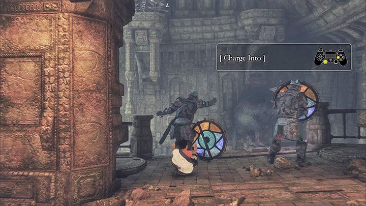 Musisz tu skorzystać z opcji taranowania przeciwników - Wyeliminowanie dwóch ożywionych zbroi z tarczami | The Last Guardian - The Last Guardian - poradnik do gry