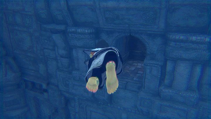 Musisz w tym miejscu po raz pierwszy zanurkować (przycisk X) i dokonaj tego będąc w niewielkiej odległości od zamkniętej kraty - Zbadanie jaskini za wodospadem - The Last Guardian - poradnik do gry