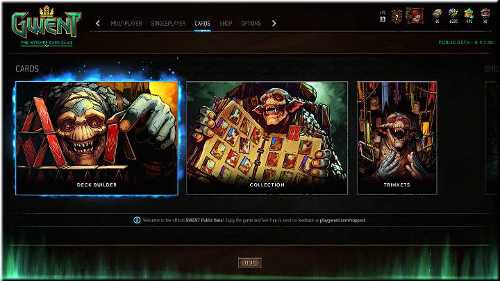 Z poziomu menu głównego możesz zajrzeć do swojej kolekcji kart, stworzyć bądź edytować talie do gry oraz przejrzeć kolekcję dodatkowych bibelotów, aby modyfikować ikonę gracza lub ramkę portretową - Kolekcja kart - Gwint - poradnik do gry