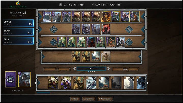 Powyższa talia składa się z 25 kart, z czego 6 jest Srebrnych, 4 Złote, a pozostałe Brązowe - Tworzenie talii - Gwint - poradnik do gry