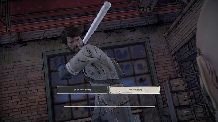 Trzeci ważny wybór odnosi się do sytuacji Badgera, przedstawionej w rozdziale piątym - Ważne wybory | Epizod 3 - Above the Law - The Walking Dead: The Telltale Series - A New Frontier - poradnik do gry