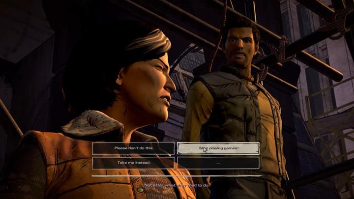 W końcu dotrzesz na plac, czeka cię tu dość długa konwersacja z Gabem i Joan - Rozdział 6 - The Price of Justice | Epizod 4 - Thicker than Water - The Walking Dead: The Telltale Series - A New Frontier - poradnik do gry