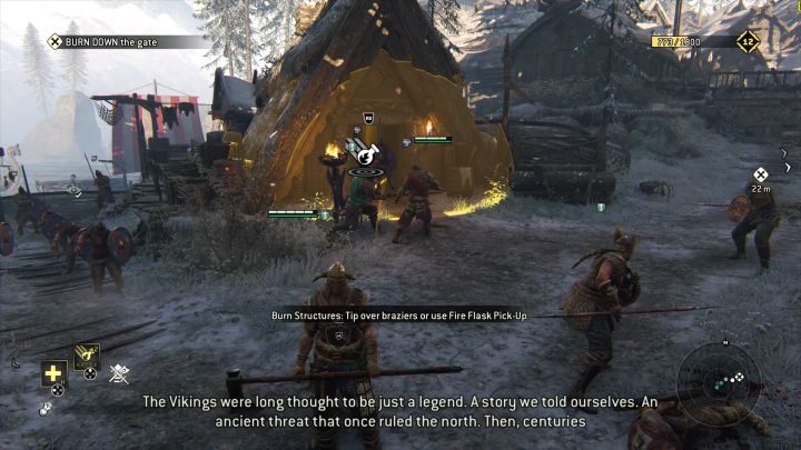 Można wykorzystać bomby, by podpalać podświetlone budowle - powstrzyma to wrogie posiłki. - Rozdział 2.1 - Najechać Najeźdźców | Opis przejścia For Honor - For Honor - poradnik do gry