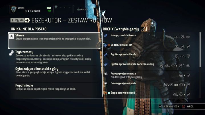 Wszystkie ruchy i modyfikatory dostępne dla tej klasy postaci. - Egzekutor (Lawbringer) w For Honor - For Honor - poradnik do gry