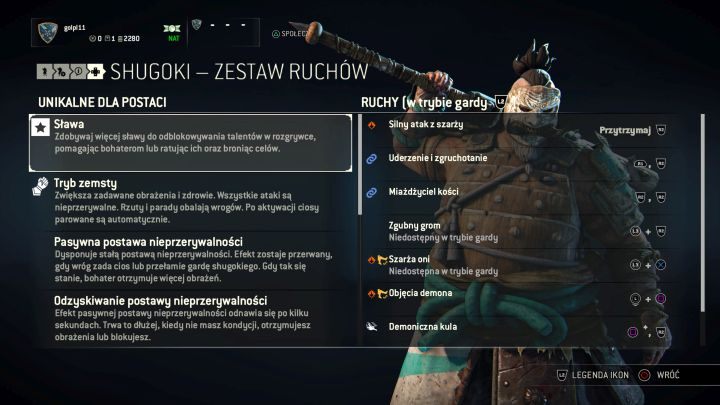 Wszystkie ruchy i modyfikatory dostępne dla tej klasy postaci. - Shugoki w For Honor - For Honor - poradnik do gry