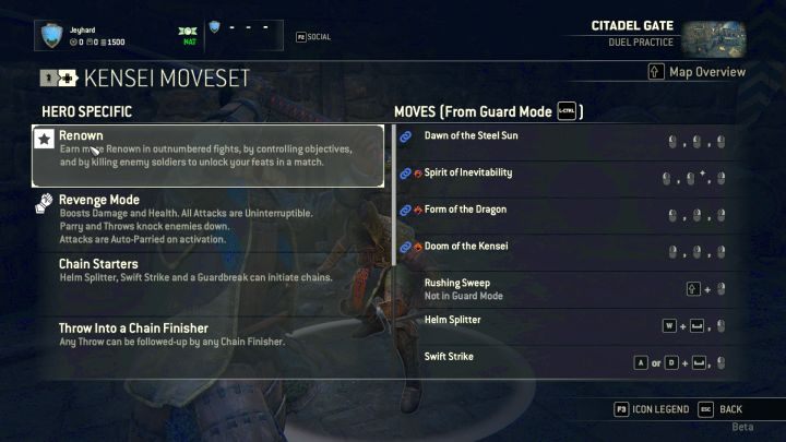 Ekran przedstawiający dostępne ciosy i modyfikatory postaci. - Kensei w For Honor - For Honor - poradnik do gry
