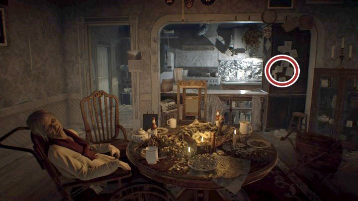 Karteczki na ścianie w jadalni - Resident Evil 7: Główny dom, piwnica - mapa, sekrety - Resident Evil 7 - poradnik, solucja