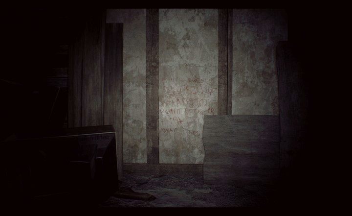 Czerwony napis koło telewizorów - Resident Evil 7: Beginning Hour - Odnalezienie brudnej monety i zamordowanych - Resident Evil 7 - poradnik, solucja