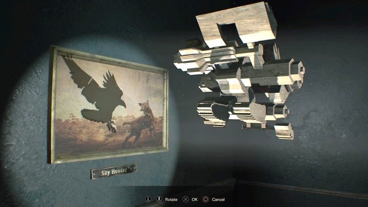 Podobnie jak na nagraniu, obróć figurkę, by cień pasował do pustego pola - Resident Evil 7: Główny hall - solucja - Resident Evil 7 - poradnik, solucja