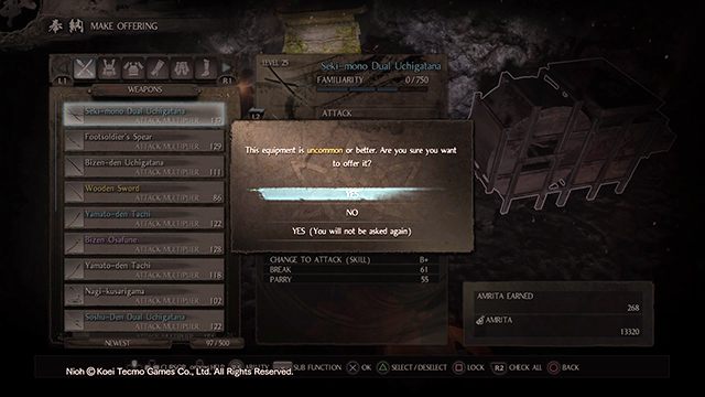 Gra zapyta czy na pewno chcemy usunąć wartościowy przedmiot - NiOh: Ołtarze - NiOh - poradnik do gry