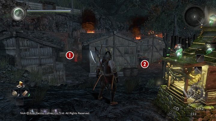 Jeśli skorzystasz z przejścia po lewej stronie [1], to w przejściu między budynkami spotkasz jednego z tubylców - NiOh: Wyspa Demonów cz.2 (Isle of Demons) - solucja, opis przejścia - NiOh - poradnik do gry