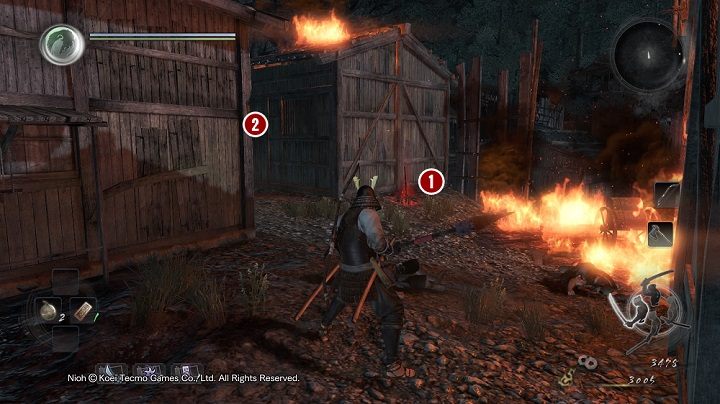 Po pokonaniu diabła zauważysz, że droga przed tobą jest zablokowana przez ścianę ognia - NiOh: Wyspa Demonów cz.2 (Isle of Demons) - solucja, opis przejścia - NiOh - poradnik do gry
