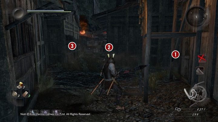 Po zabiciu wojownika w domu z uszkodzonym dachem wyjdź na zewnątrz,a znajdziesz się w alei widocznej na obrazku - NiOh: Wyspa Demonów cz.2 (Isle of Demons) - solucja, opis przejścia - NiOh - poradnik do gry