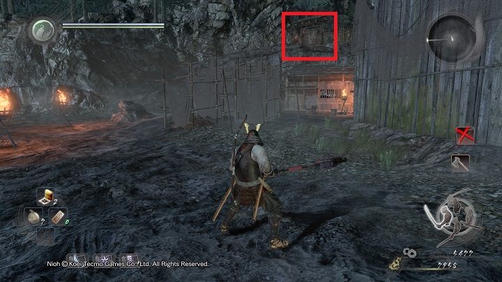 Pokonaj strażnika z pochodnią który patroluje teren i udaj się na wzniesienie do punktu widocznego na obrazku - NiOh: Wyspa Demonów cz.2 (Isle of Demons) - solucja, opis przejścia - NiOh - poradnik do gry