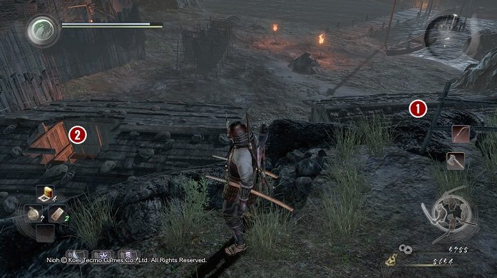 Okolice okrętu to przede wszystkim dwa budynki i pomost, który prowadzi prosto do areny - NiOh: Wyspa Demonów cz.2 (Isle of Demons) - solucja, opis przejścia - NiOh - poradnik do gry