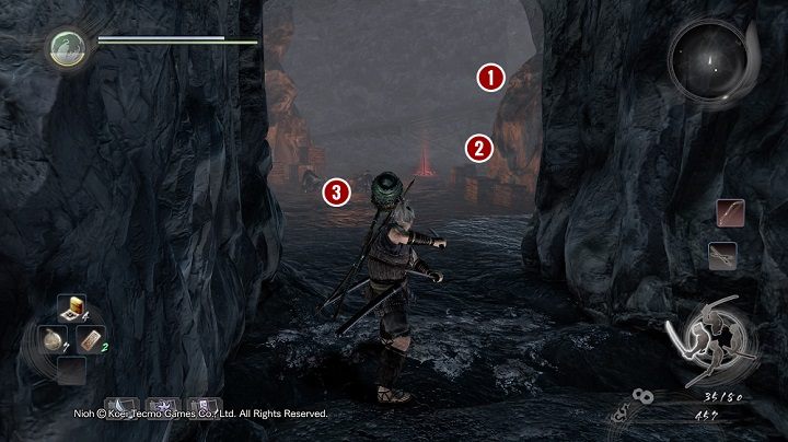 W jaskini zobaczysz dwóch przeciwników [1] [2], którzy patrolują teren podczas gdy dwóch innych [3] siedzi w centralnym punkcie jaskini - NiOh: Głęboko w ciemności (Deep in the Shadows) - solucja, opis przejścia - NiOh - poradnik do gry