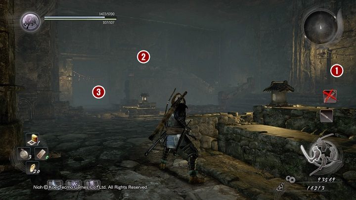 Ostatecznie okazuje się, ze duże wrota [1] w komnacie są zablokowane na wzór pozostałych - NiOh: Uśpiony kamień dusz (The Spirit Stone Slumbers) - solucja, opis przejścia - NiOh - poradnik do gry