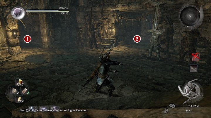 Dalsza część zadania prowadzi na mur, z którego tubylec rzucał w ciebie bombami - NiOh: Uśpiony kamień dusz (The Spirit Stone Slumbers) - solucja, opis przejścia - NiOh - poradnik do gry