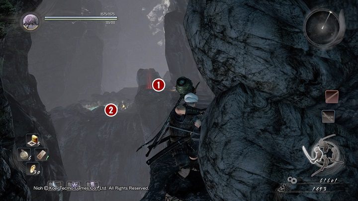 Druga jaskinia po prawo, a raczej skalny korytarz, jest pusty - NiOh: Kanbei i władca (Kanbei and the Overlord) - solucja, opis przejścia - NiOh - poradnik do gry
