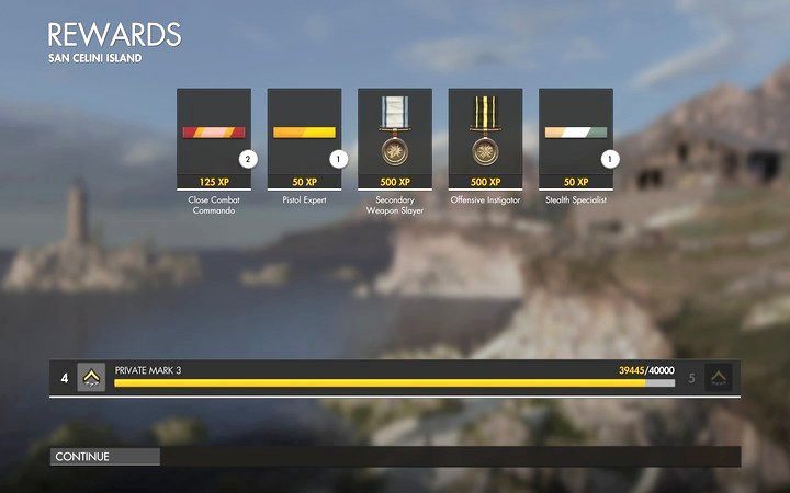 Po każdej misji zobaczysz podsumowanie z uzyskanych punktów doświadczenia za misję, oraz dodatkowe zasługi w postaci baretek i medali - Porady dla początkujących w Sniper Elite 4 - Sniper Elite 4 - poradnik do gry