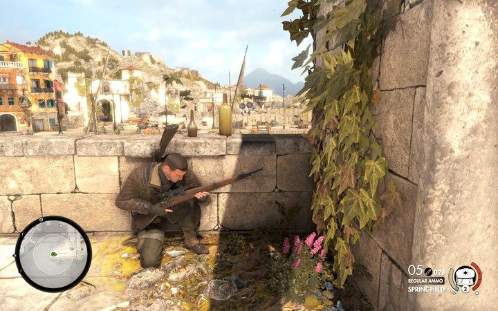 Z tego miejsca warto oddać od razu dwa bezpieczne strzały: ściągnij strażników na dachach - Informacje o zadaniu we Wsi Bitanti | Sniper Elite 4 - Sniper Elite 4 - poradnik do gry