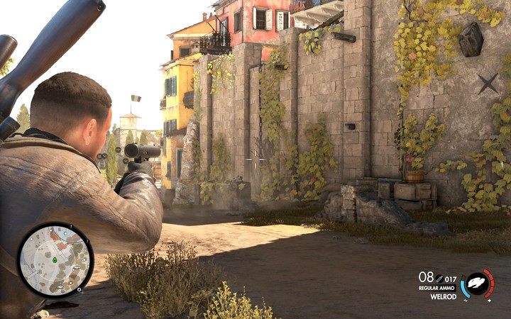 Możesz wspiąć się po łańcuchu na mur, nie powinieneś tam natrafić na więcej niż maksymalnie jednego oponenta (jeśli nie wszczynałeś zbyt wielu alarmów) - Znajdź kwaterę partyzantów we Wsi Bitanti | Sniper Elite 4 - Sniper Elite 4 - poradnik do gry