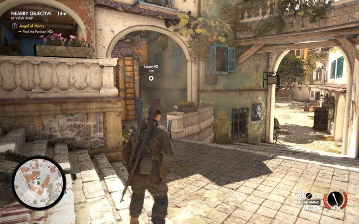 Kwatera główna znajduje się przed placem głównym (M2,5), wejście do niej (w piwnicy) chronione jest przez dwóch nazistów - Znajdź kwaterę partyzantów we Wsi Bitanti | Sniper Elite 4 - Sniper Elite 4 - poradnik do gry