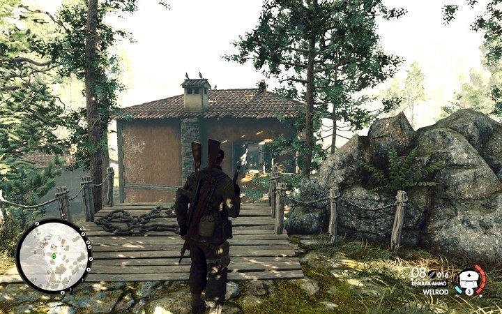 Przeciwnika możesz trafić przez okno - uważaj tylko, by nikt nie usłyszał - Czyszczenie punktów kontrolnych | Wiadukt Regilino - Sniper Elite 4 - poradnik do gry