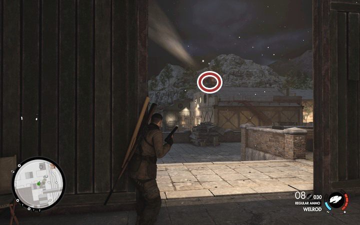 Widok z magazynu, gdzie powinieneś zabić szefa doków... - Zniszcz drugi reflektor i działo przeciwlotnicze w lokacji Stocznia Lorino - Sniper Elite 4 - poradnik do gry