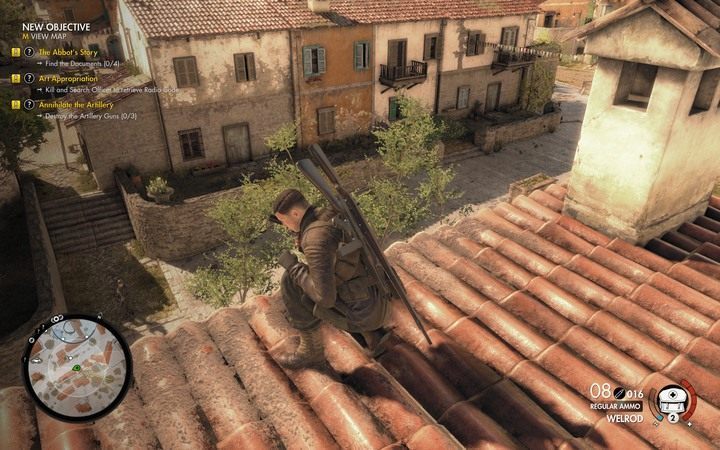 Uważaj, by schodzić z dachów na balkony lub niższe daszki - Zdobądź pierwszy dokument i kody do radia w lokacji Klasztor Abrunza - Sniper Elite 4 - poradnik do gry