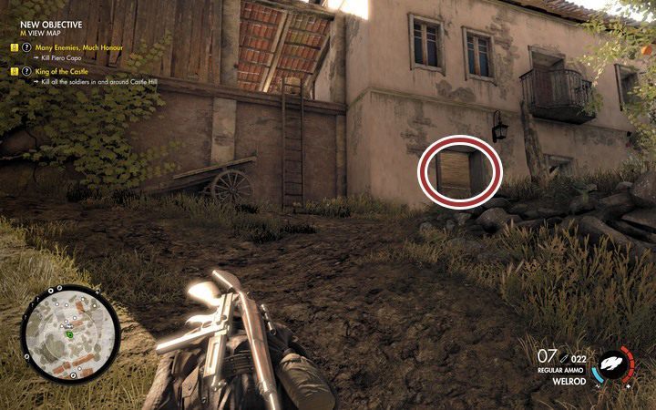 Po zabiciu oficera, warto byłoby dostać się na chwilę na piętro małego domku wiejskiego na kilka metrów na północ (M5,2) - Jak zniszczyć pierwsze działo i radiostację w lokacji Klasztor Abrunza - Sniper Elite 4 - poradnik do gry