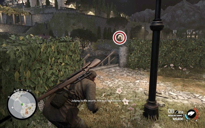 Dostań się teraz do budynku przez piwnicę (M7,4) (za mostem w prawo) i wyjdź na górę - Zabij Rothbauera w lokacji Willa Giovi Fiorini | Sniper Elite 4 - Sniper Elite 4 - poradnik do gry