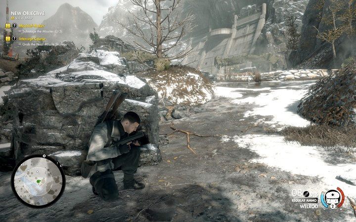 Przedostań się po cichu w pobliże prawego bunkra, jak będzie trzeba to nawet się czołgaj - Wejście do bazy w lokacji Allagryjska Forteca | Sniper Elite 4 - Sniper Elite 4 - poradnik do gry