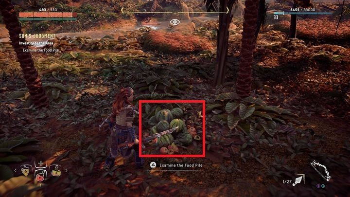 Tuż na końcu śladów zauważysz stertę owoców - Horizon Zero Dawn: Sprawiedliwość słońca (Suns Judgement) | Horizon Zero Dawn - Horizon Zero Dawn - poradnik, solucja