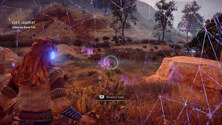 W ogólnym zamieszaniu złodziejowi udaje się uciec, ale gdy znajdziesz się na dole wystarczy skorzystać z Fokusa, żeby odnaleźć jego ślady - Horizon Zero Dawn: Sprawiedliwość słońca (Suns Judgement) | Horizon Zero Dawn - Horizon Zero Dawn - poradnik, solucja