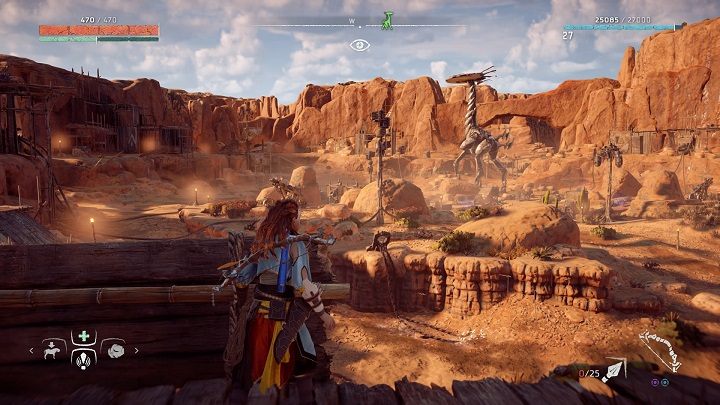 Żyraf związany z tym regionem kroczy wewnątrz obozu opanowanego przez bandytów - Horizon Zero Dawn: Żyrafy - mapa - Horizon Zero Dawn - poradnik, solucja